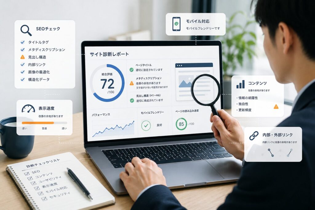 ホームページのSEO対策を行うために
初期診断を行う画像