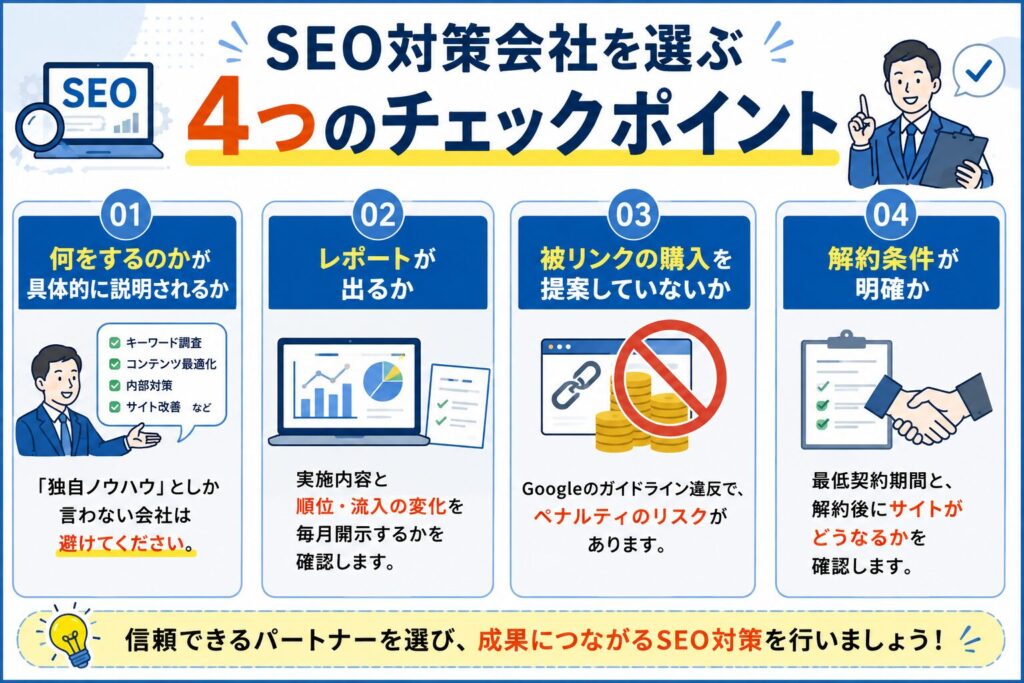 SEO対策を行う際にこれだけはチェックしておくべき項目4選をまとめた画像